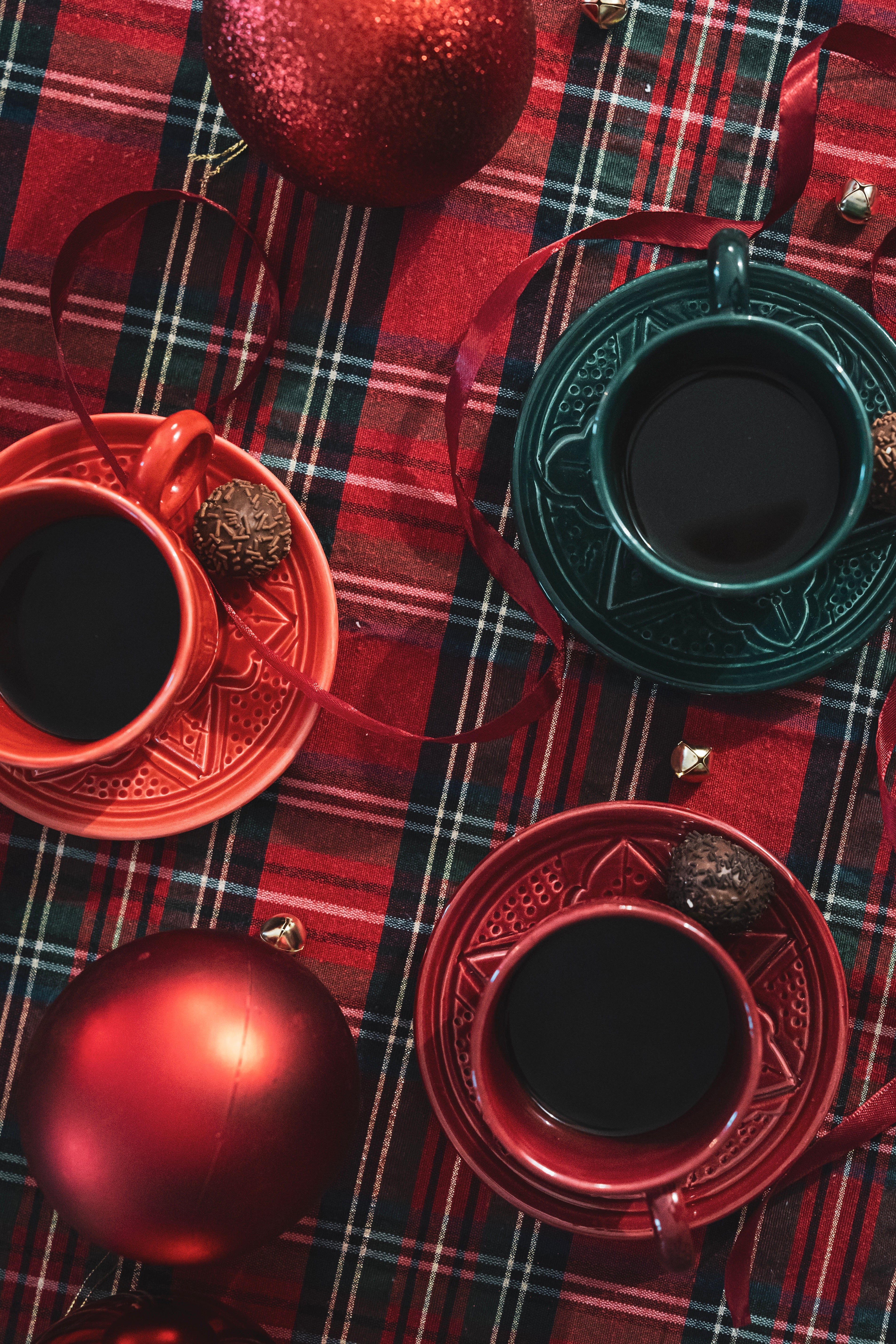 Moroccan Coffee Cups - Handmade Ceramic Set - Red, Bordeaux & Green