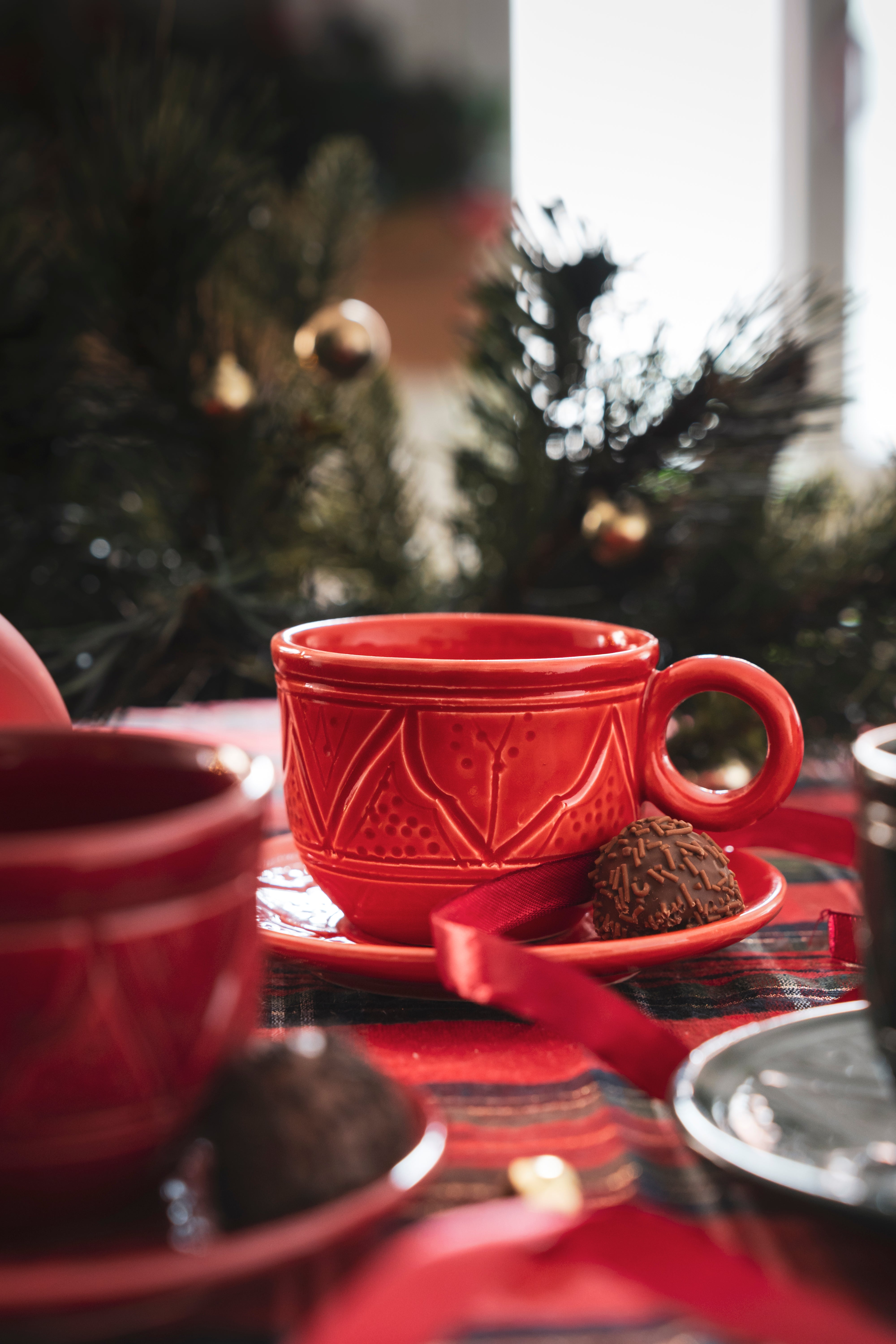 Moroccan Coffee Cups - Handmade Ceramic Set - Red, Bordeaux & Green